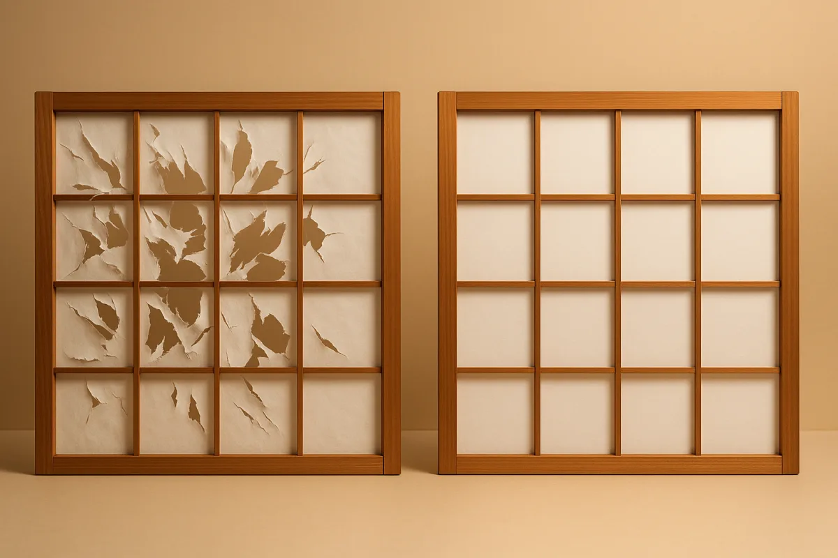Ordinary shoji paper shredded by a cat on the left, pristine pet-proof shoji paper on the right