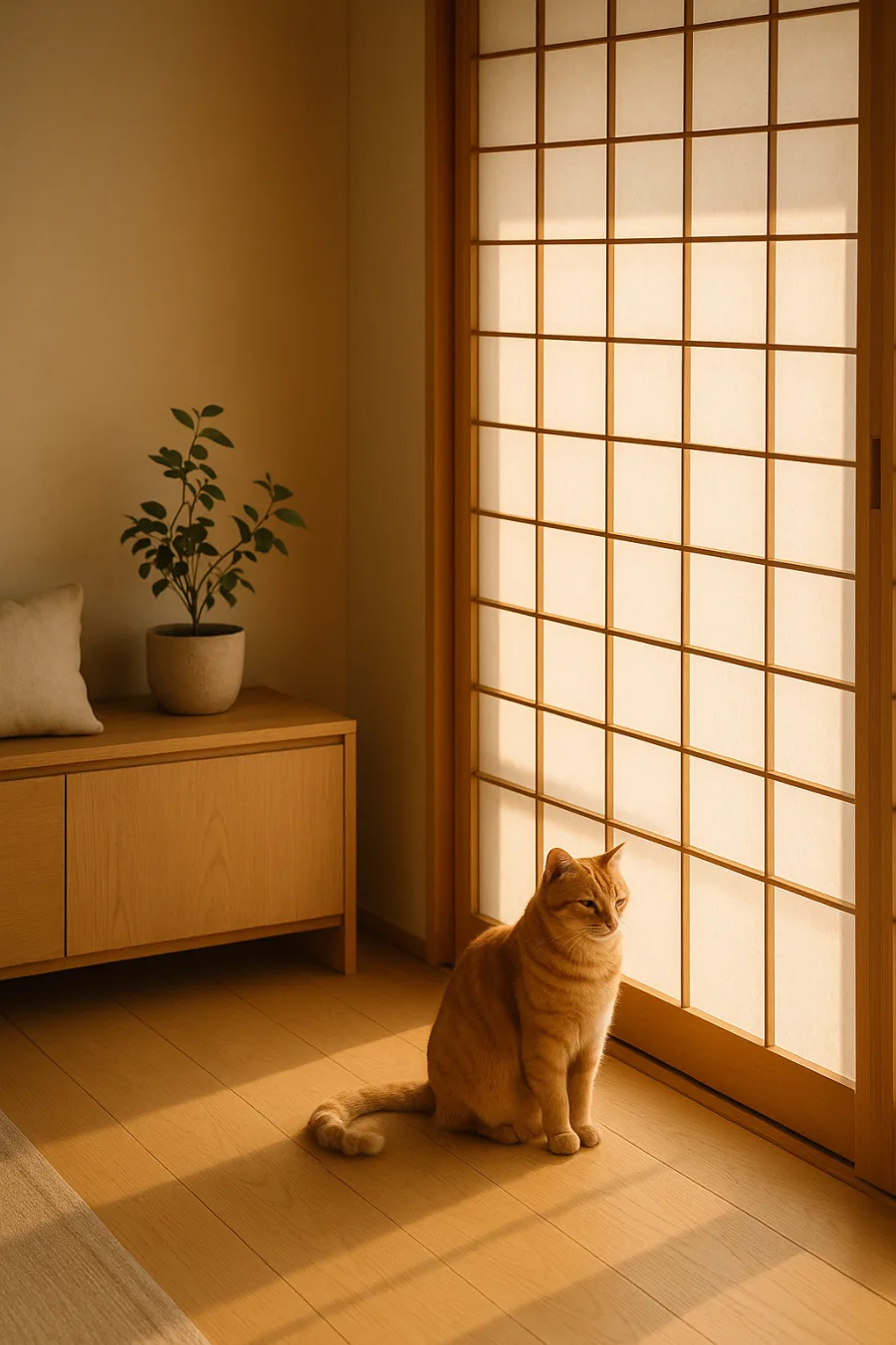 Warm sunlight through a shoji screen with a calm cat sitting beside it